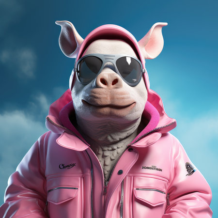 Funny pig wearing a pink jacket and sunglasses.の素材
