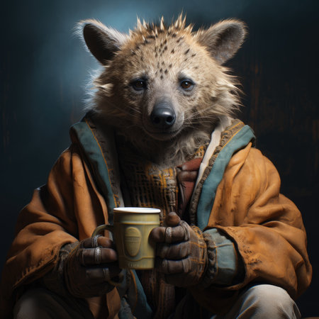 Cute hyena with a cup of coffee in his hands.の素材
