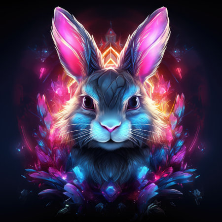 Rabbit head with colorful feathers on black background.の素材