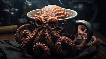 Cup of hot chocolate with octopus on dark background. Close upの素材