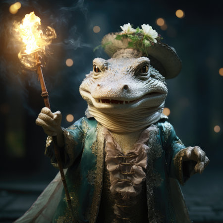 Cute Crocodile with a burning flambeau in the darkの素材