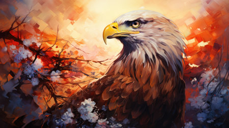 an eagle on a background of a blossoming treeの素材