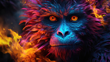 Gorilla in the fire. Colorful background.の素材