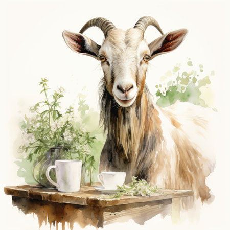 Watercolor goat with a cup of tea on a wooden tableの素材