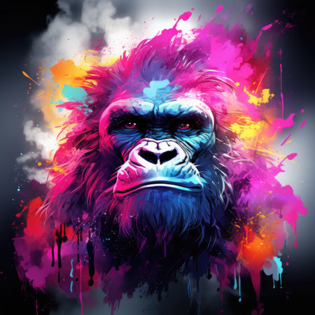 Gorilla with colorful paint splashes. Grunge backgroundの素材