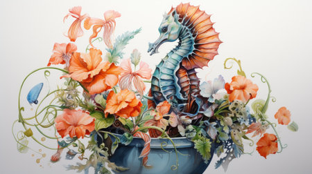 Watercolor Seahorse flower in vase on white backgroundの素材