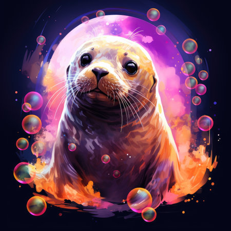 Watercolor Sea lion in the circle of bubbles on a dark background.の素材