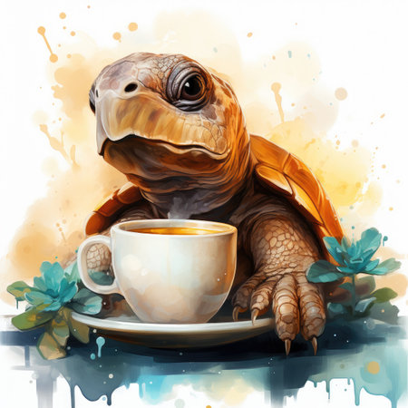 Coffee cup with turtle on watercolor background.の素材