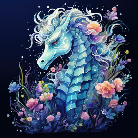 Beautiful hand drawn unicorn with flowers and leaves.の素材