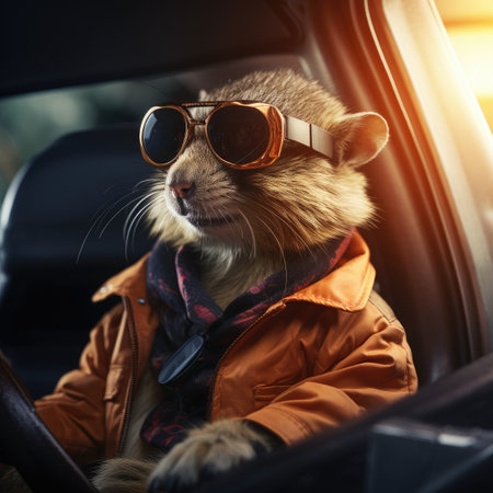 Cute cat wearing sunglasses sitting in the back seat of a carの素材