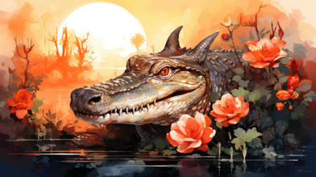 a crocodile in a flower garden at sunset.の素材