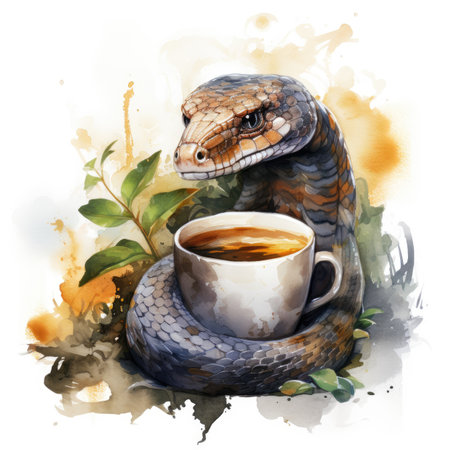 Watercolor snake with a cup of hot tea.の素材