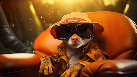 Chihuahua dog sitting in a leather armchair with sunglassesの素材