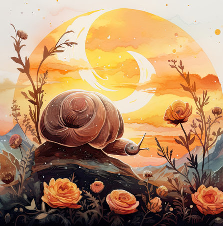 a snail on the background of the moon and flowersの素材