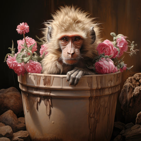 monkey in a wooden bucket with flowers on a dark background.の素材