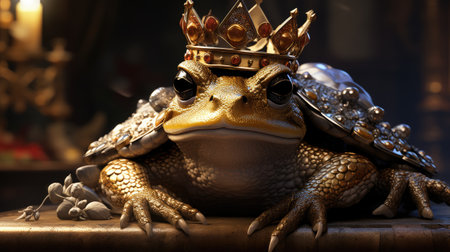Golden frog with a crown on a wooden surfaceの素材