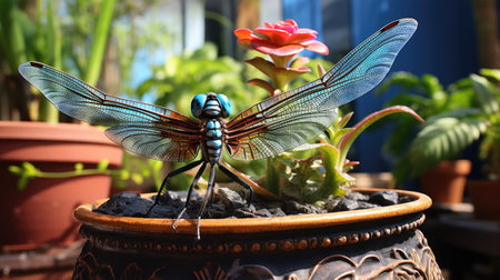 Blue dragonfly sitting on a flower pot. Selective focus.の素材