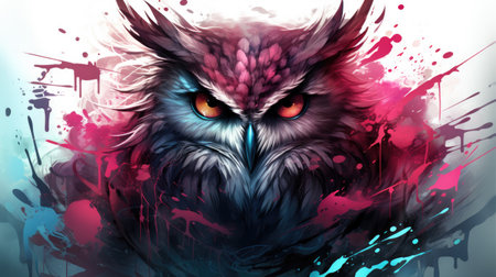 Owl on abstract background with grunge splashes and blotsの素材
