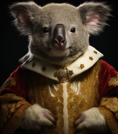 Portrait of a koala in a royal costume on a black backgroundの素材