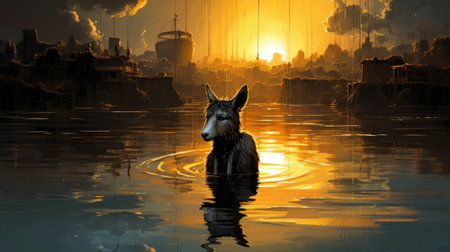 Donkey in the water at sunsetの素材