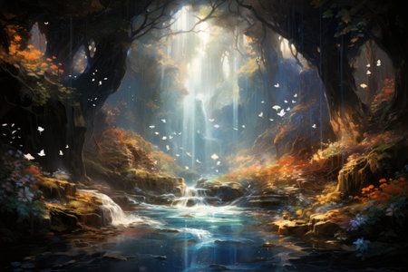 Autumn forest with waterfall and fog.の素材