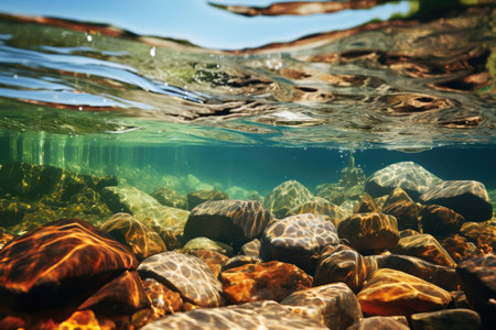Underwater view of the sea with stones and seaweed under waterの素材