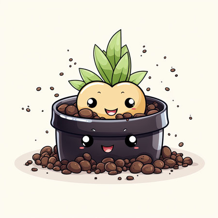 Cute Cartoon Pot Full of Coffee Beans. Vector Illustration.の素材