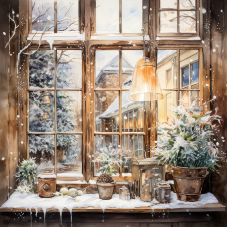 Winter window with snowflakes. Winter landscape in the village.の素材