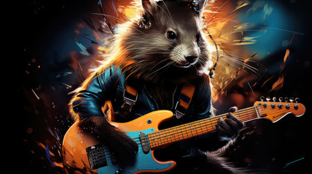 Portrait of a cat with electric guitar in a music band.の素材