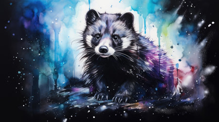 a raccoon in front of a colorful background.の素材
