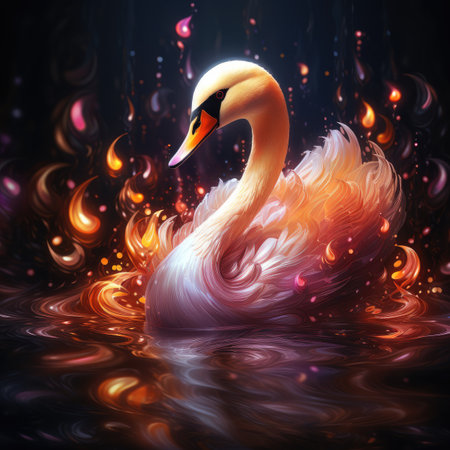 Swan in the water with fire and smoke.の素材