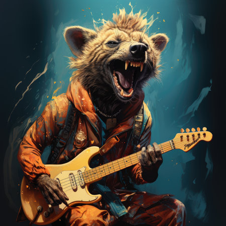 Wild bear with electric guitar in orange raincoat on dark background.の素材