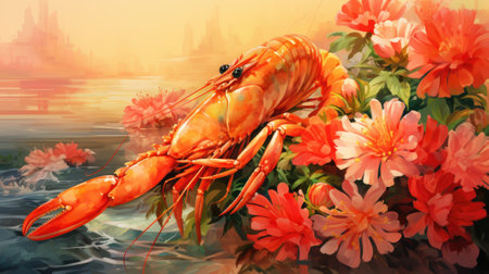 Lobster on the background of the river and flowers.の素材