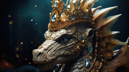 Close up of the head of a dragon in a gold crown.の素材