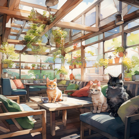 Interior design of a cozy cafe with cats in the style of watercolor paintingの素材