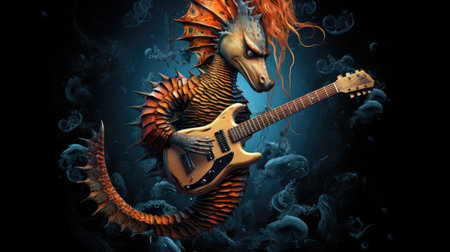a seahorse with an electric guitar on a dark backgroundの素材