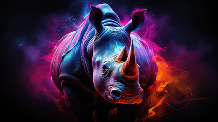 Rhino in fire with smoke on a black background.の素材