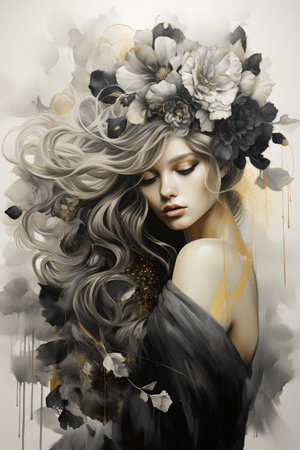 Portrait of a beautiful woman with long curly hair and flowers in her hair.の素材