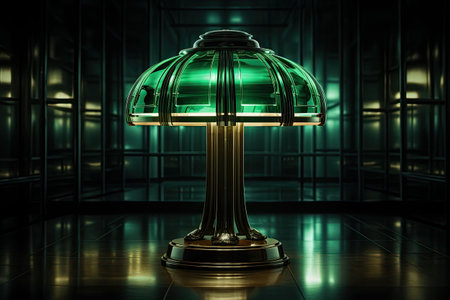 a green lamp in a dark room with reflectionsの素材