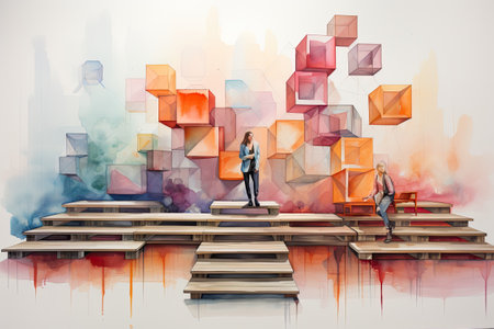 A man and a woman standing on a wooden platform in front of a colorful abstract backgroundの素材