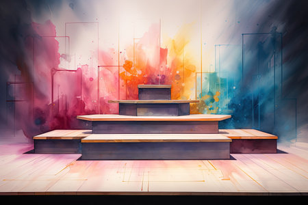Podium with colorful watercolor splashes in the backgroundの素材