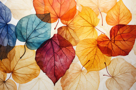 Autumn background with colorful leaves on paper texture. Fall concept.の素材