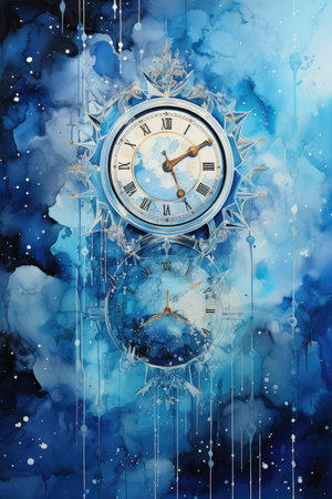 Blue watercolor background with clock and snowflakes.の素材