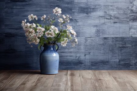 Bouquet of white flowers in blue vase on wooden backgroundの素材