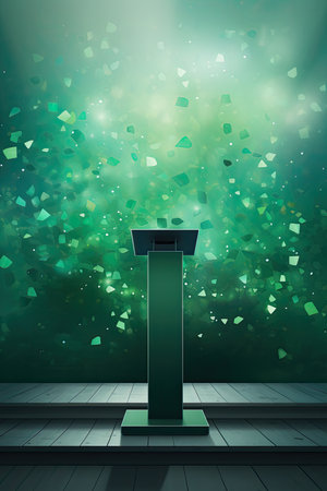 Podium and confetti on green bokeh background.の素材