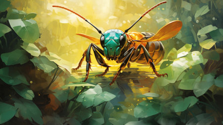Digital painting of a bee in the nature.の素材