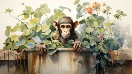chimpanzee in pot with watercolor painting on the wallの素材