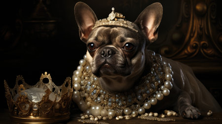 french bulldog in a crown on a dark background with pearlsの素材