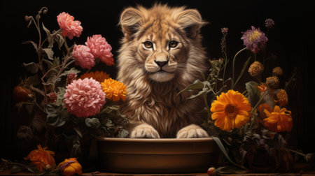 Lion cub in a bowl with flowers on a black background.の素材