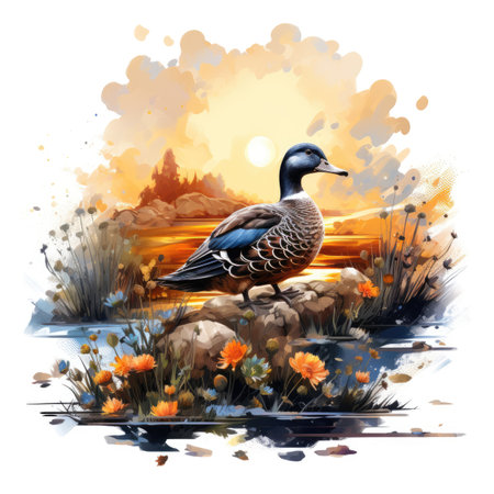 Watercolor wild duck on the bank of the riverの素材